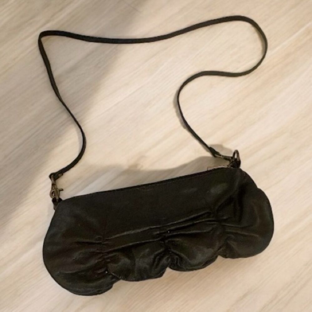 Vintage Hobo Black Leather Ruched Convertible Crossbody Bag